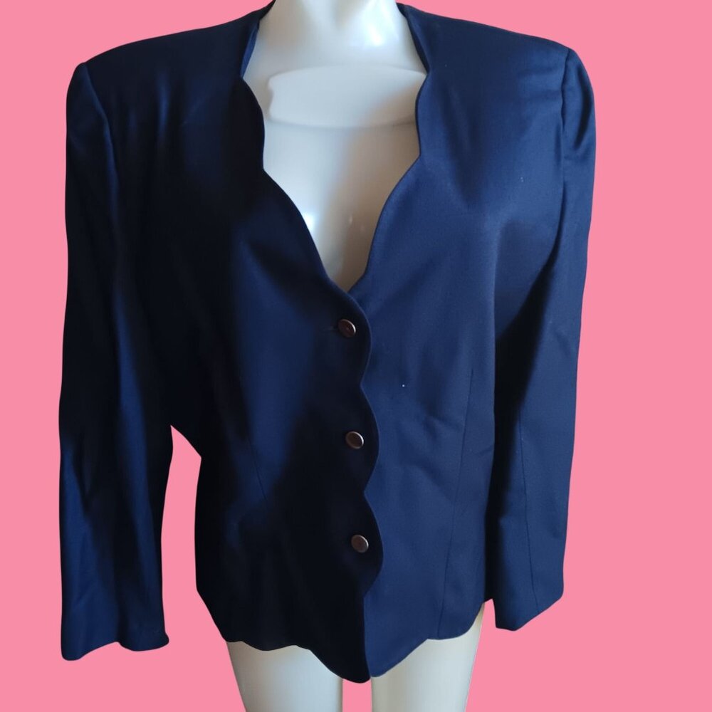 Vtg 10 Kasper For A.S.L. Navy Blue Scalloped Blazer Womens 100% Viscose Rayon
